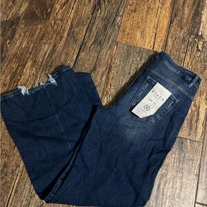 Risen Jeans 1XL Wide Leg Crop Raw Hem NWT Dark Wash Stretch